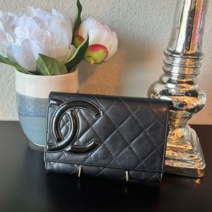 Auth. Chanel Quilted Cambon Ligne Lambskin Leather Flap Wallet Black and Pink